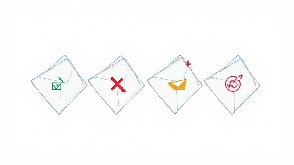 Une illustration montrant une liste d'emails avec des coches vertes pour les adresses valides et des croix rouges pour les invalides, symbolisant le nettoyage et la validation.