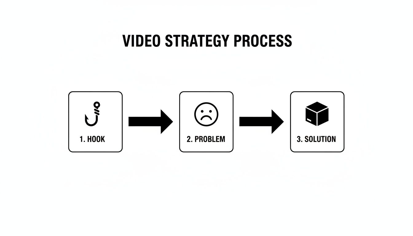 A diagram outlining the video strategy process, showing steps: 1. Hook, 2. Problem, and 3. Solution.