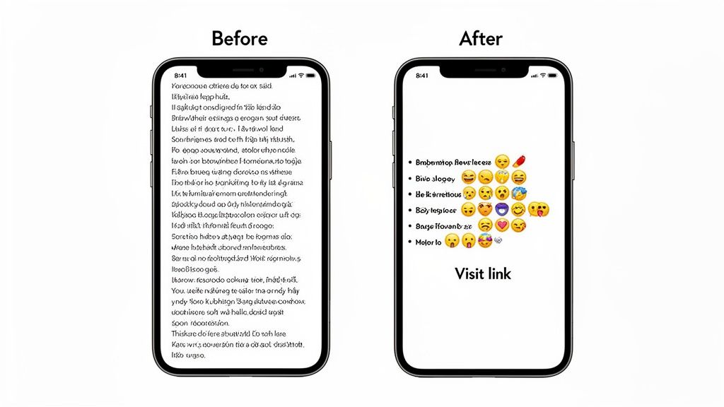 Two iPhones show a 'Before' long text bio and an 'After' short, emoji-rich bulleted list.