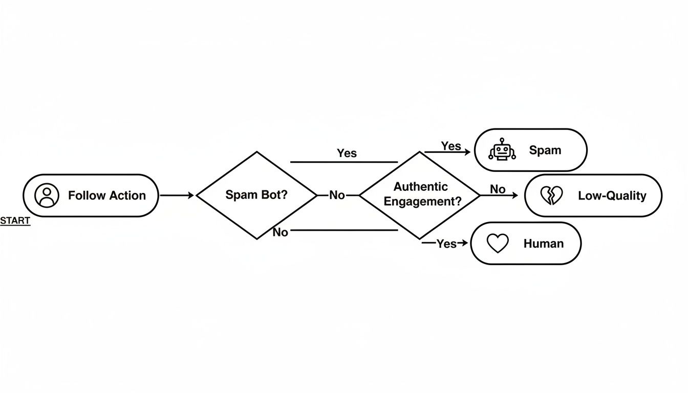 Flowchart classifying follow actions as spam, low-quality, or human based on bot detection and engagement authenticity.