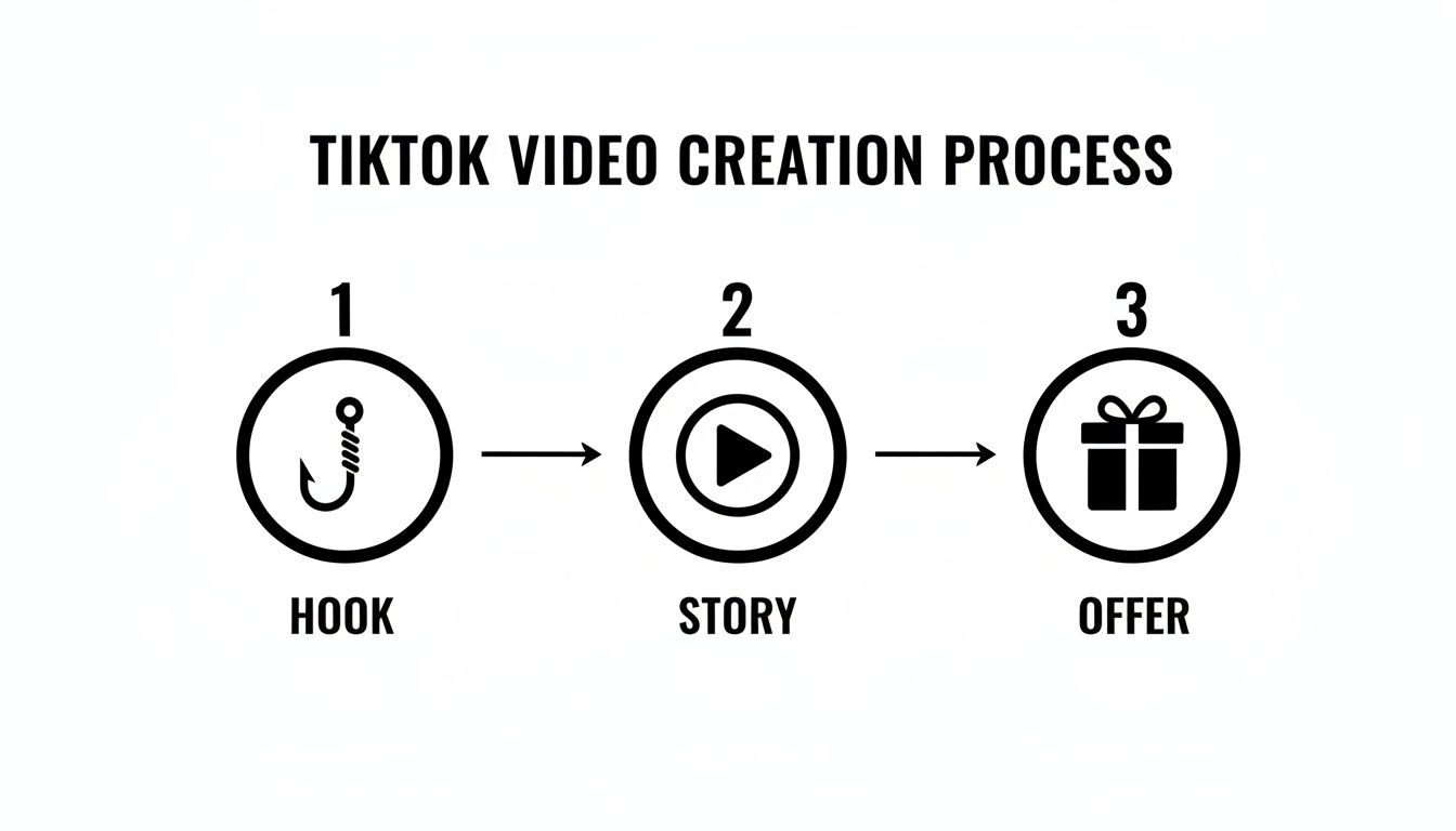 A flowchart detailing the TikTok video creation process in three steps: Hook, Story, and Offer, with corresponding icons.