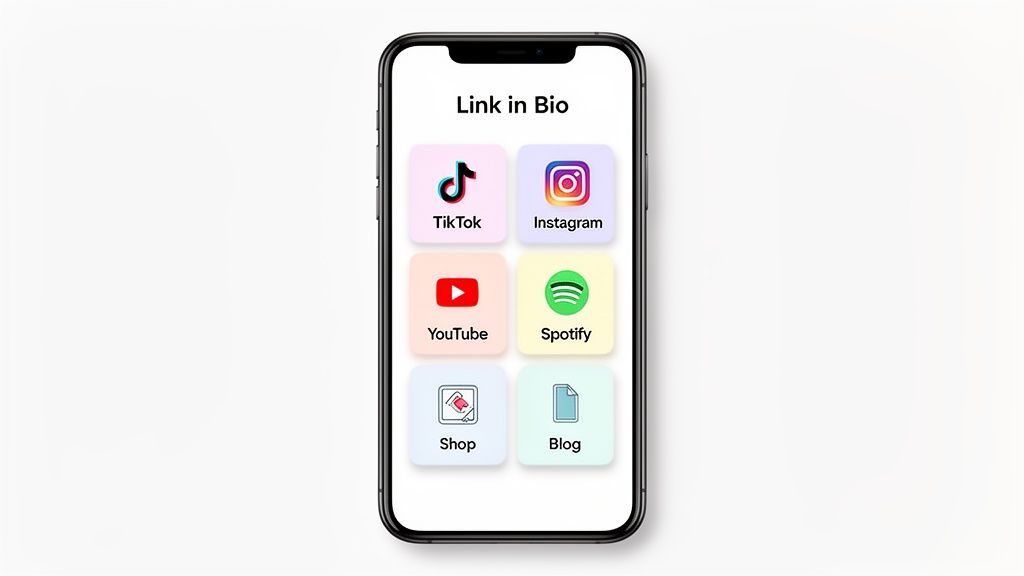 A smartphone displaying a 'Link in Bio' page with icons for TikTok, Instagram, YouTube, Spotify, Shop, and Blog.