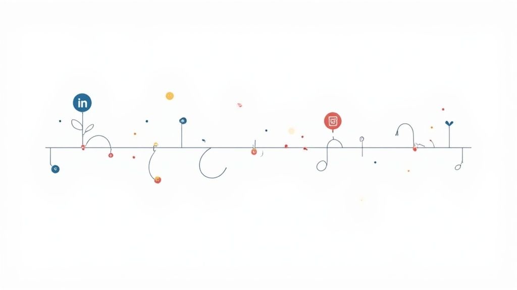 Illustration of a multichannel automation sequence with email, LinkedIn, and phone icons connected in a workflow