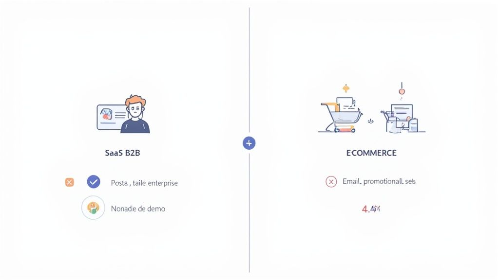 Deux sections comparant SaaS B2B (critères d'entreprise/démo) et E-commerce (emails promotionnels, taux). Schéma de segmentation.
