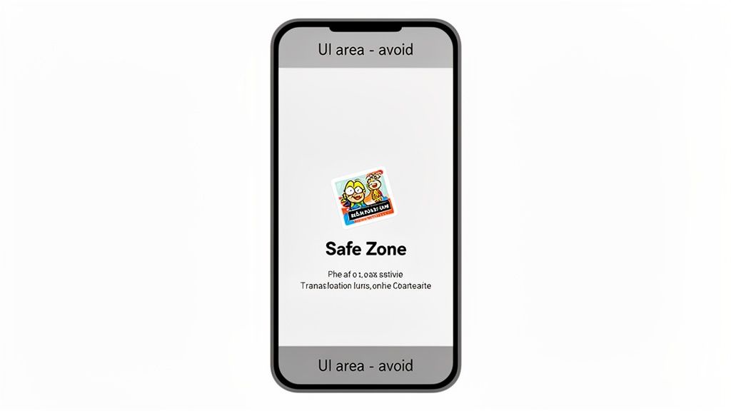 A smartphone screen shows a safe zone for content and areas to avoid for UI elements.