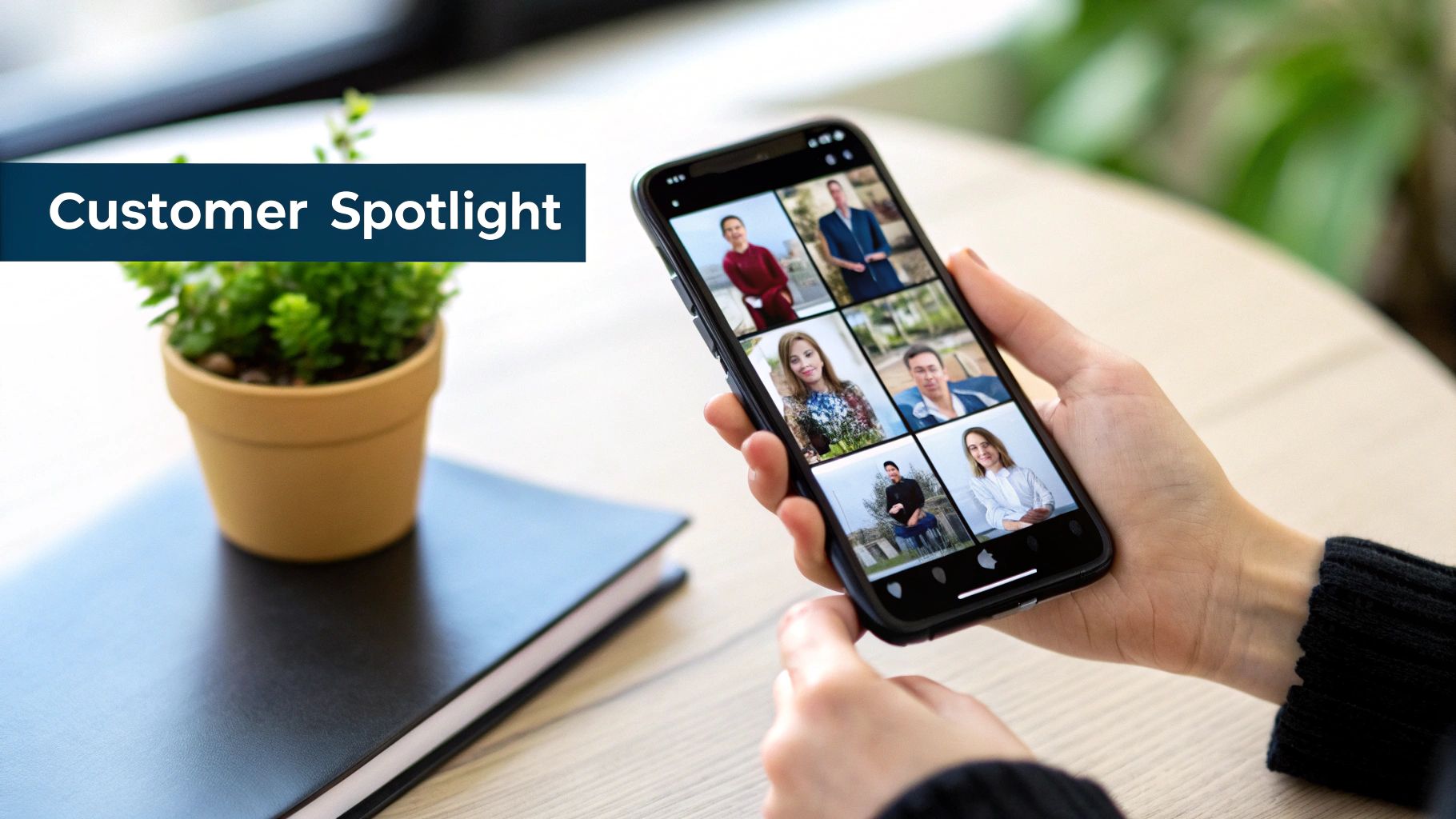 A person holds a smartphone displaying a video conference grid, with a plant and book nearby. A banner says 'Customer Spotlight'.
