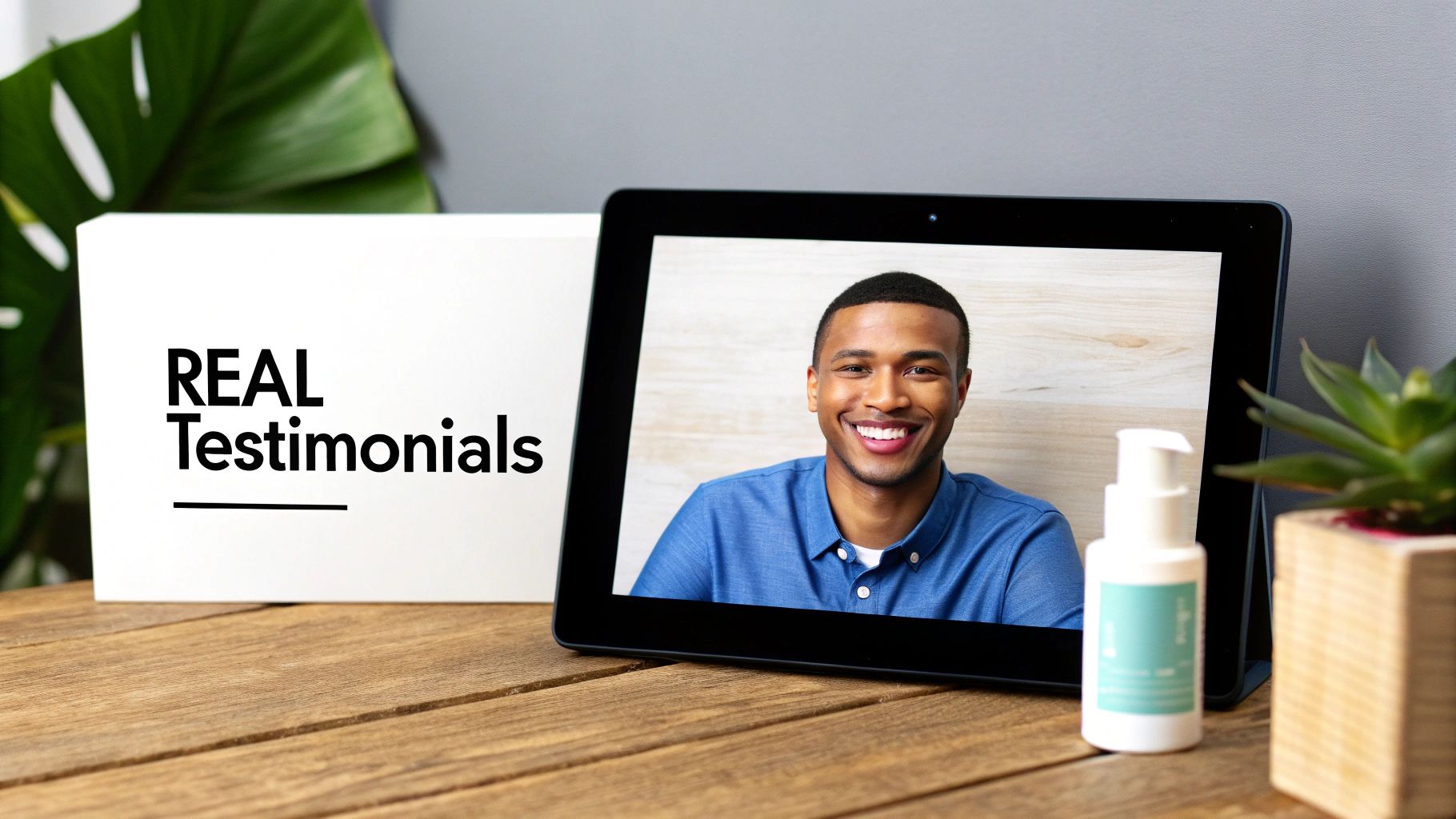 A white box displaying 'REAL Testimonials' next to a tablet showing a smiling man, with a product bottle.