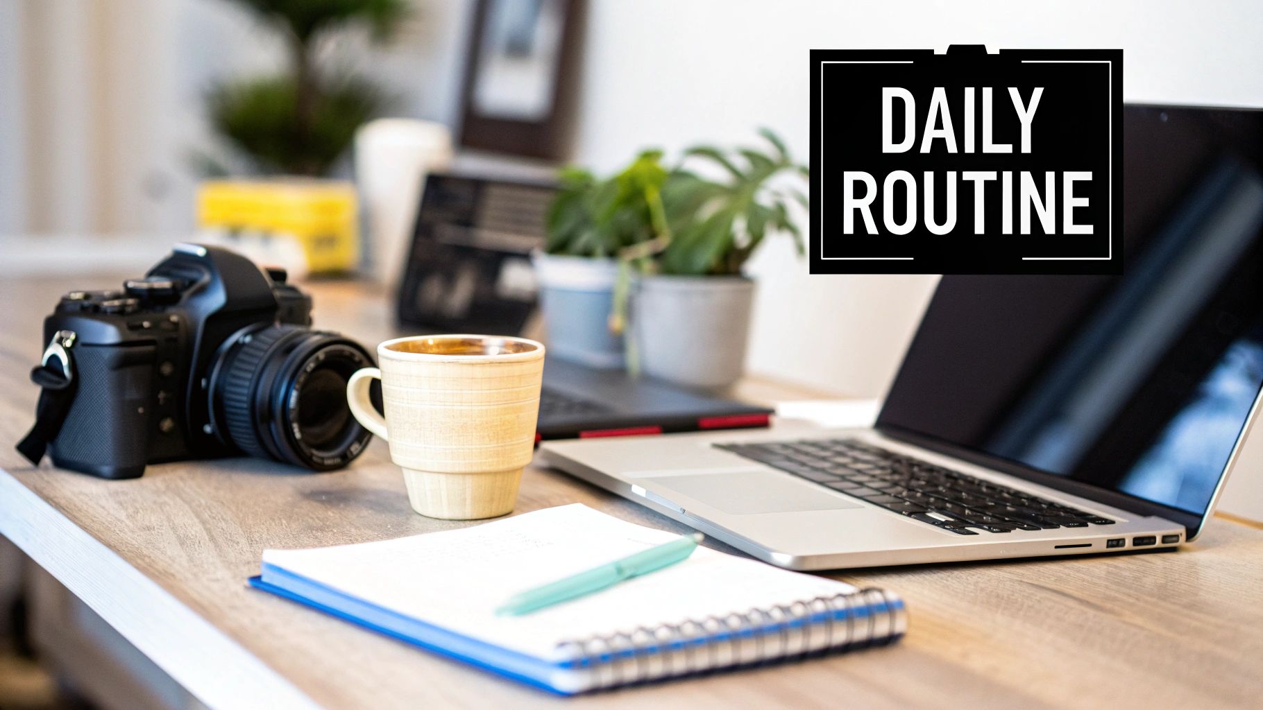 A bright workspace with a camera, coffee mug, laptop, and notebook, featuring 'DAILY ROUTINE' text.