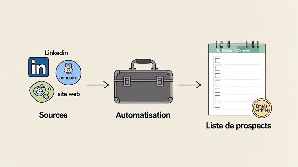 Schéma montrant l'automatisation de la collecte de prospects depuis LinkedIn, annuaires et sites web pour créer une liste d'emails vérifiés.