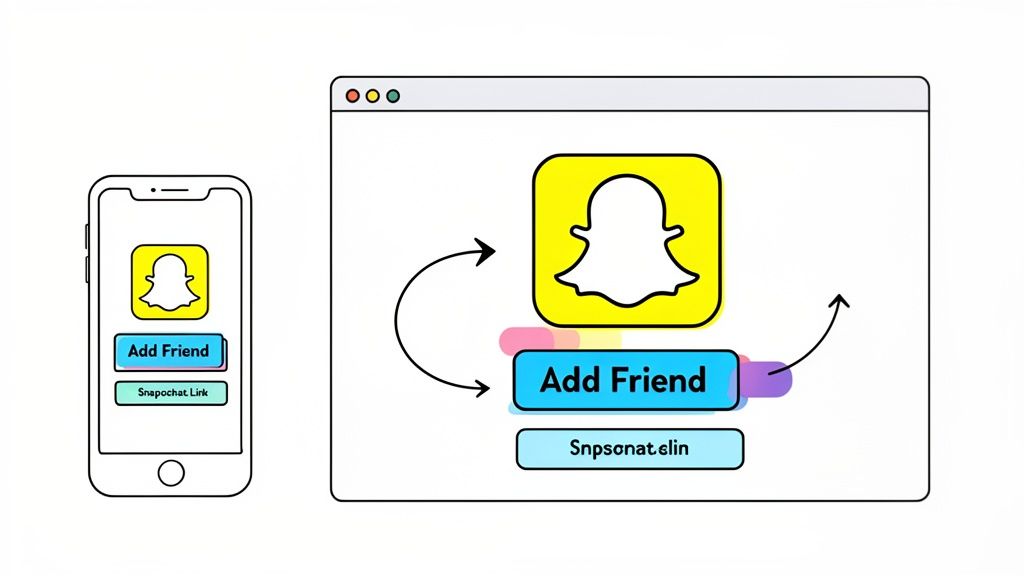 A visual guide illustrating how to add friends and share Snapchat links on mobile and desktop.