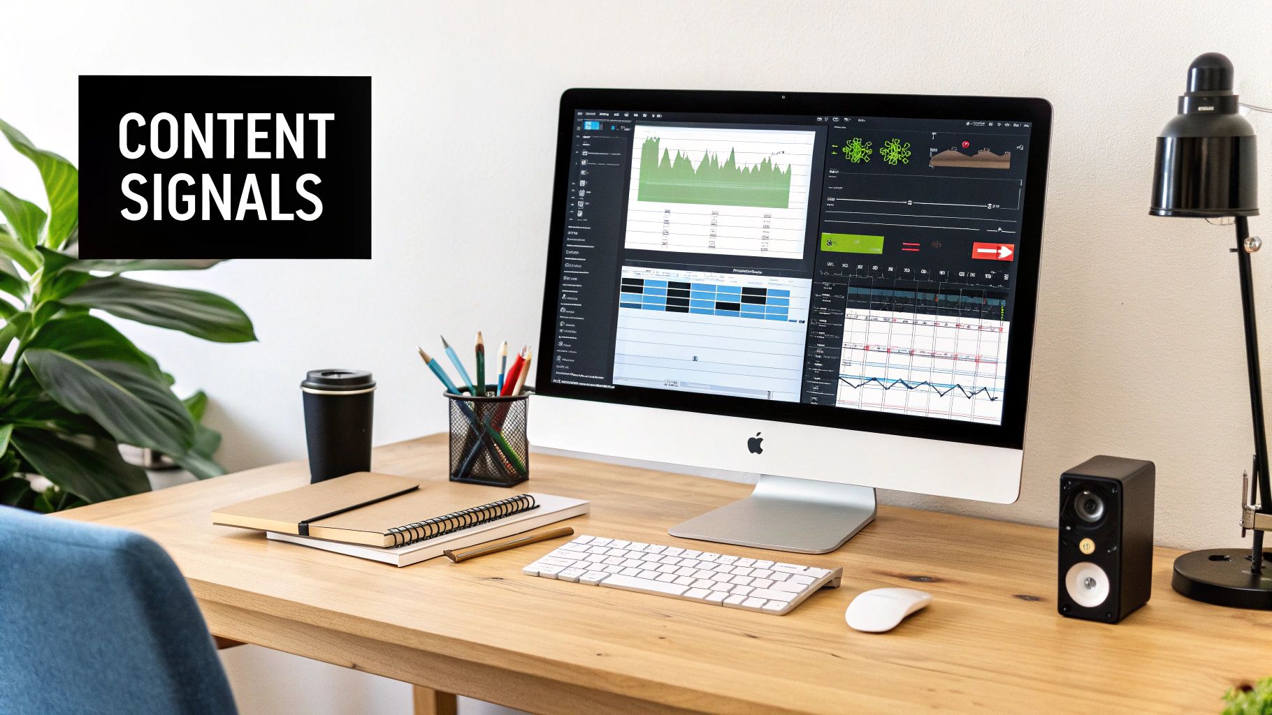 A modern wooden desk with an iMac displaying content signals data, office supplies, and a plant.