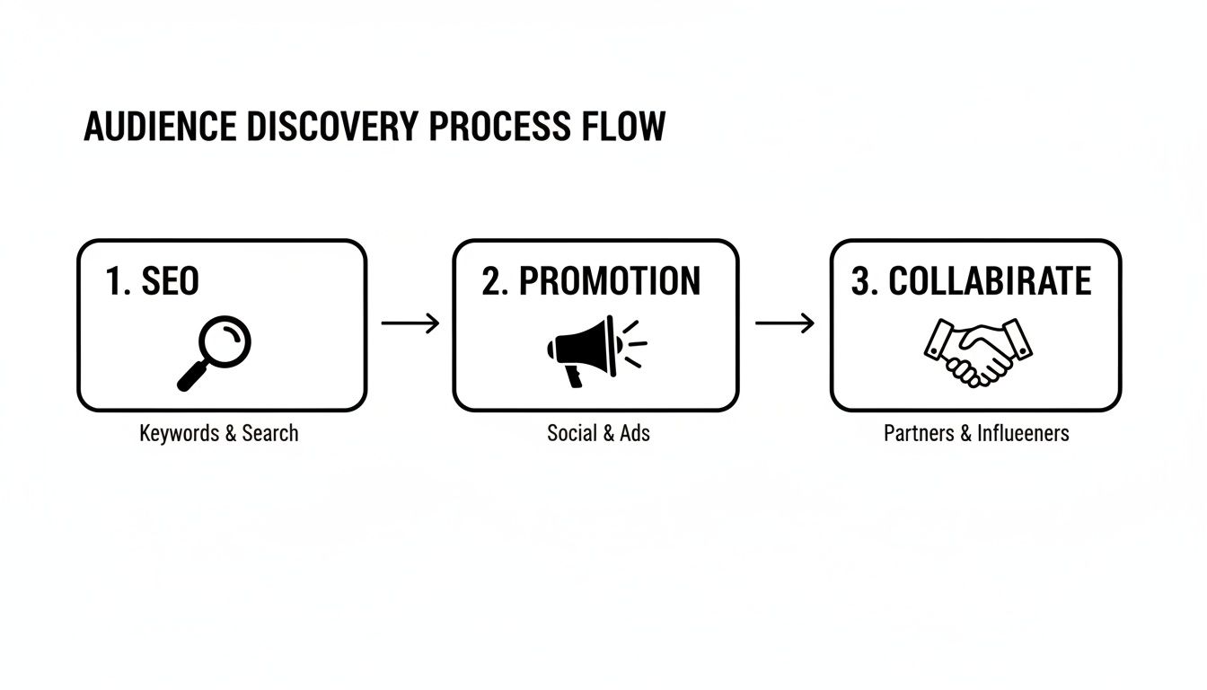 Flowchart illustrating the audience discovery process with steps: SEO, promotion, and collaboration.