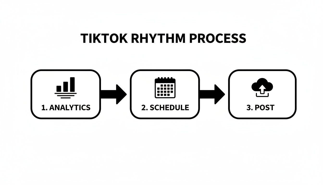 A flowchart outlining the TikTok rhythm process: 1. Analytics, 2. Schedule, and 3. Post.