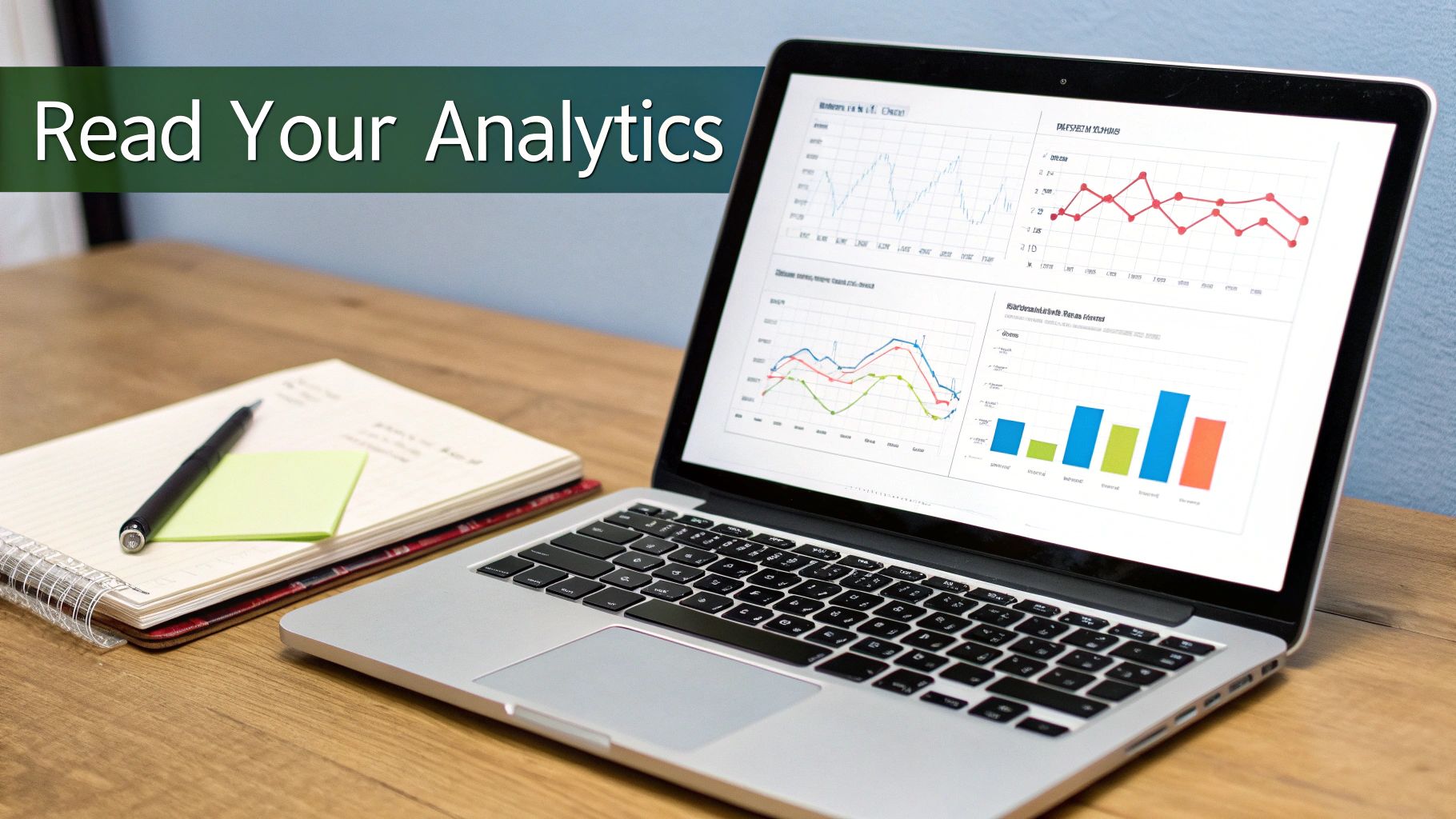 A laptop on a wooden desk displays various analytics charts, with a notebook and pen beside it.