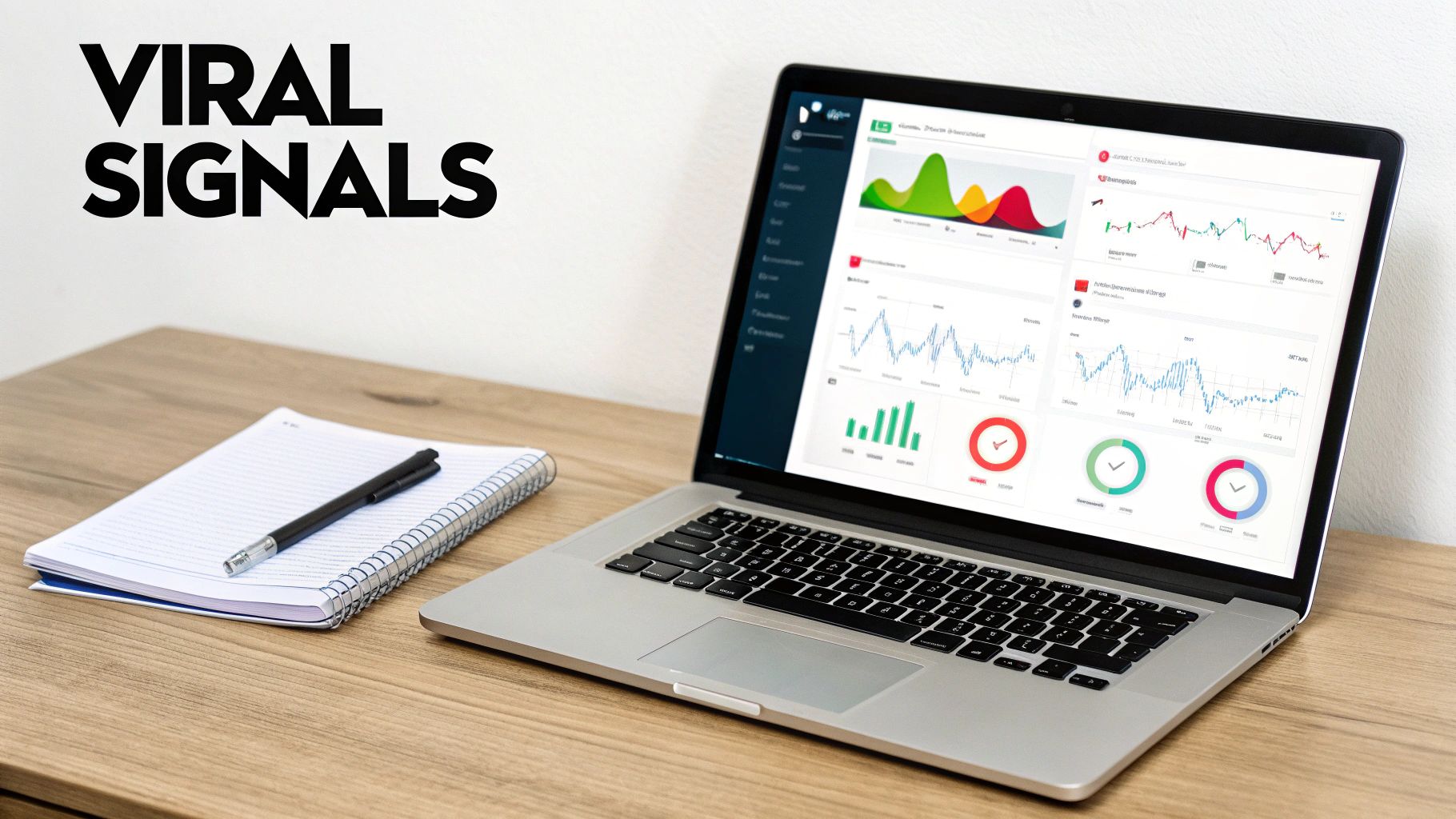 A laptop on a wooden desk displays data analytics graphs next to a notebook and pen, with 'VIRAL SIGNALS' text in the background.