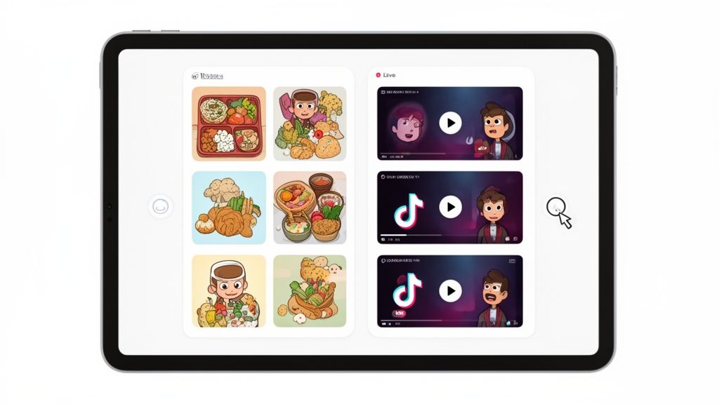 Digital tablet showing an app interface with food illustrations and cartoon videos, including TikTok content.