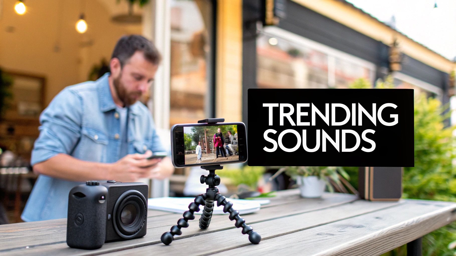 A man records a video on his smartphone mounted on a tripod with external speakers and a 'Trending Sounds' sign.