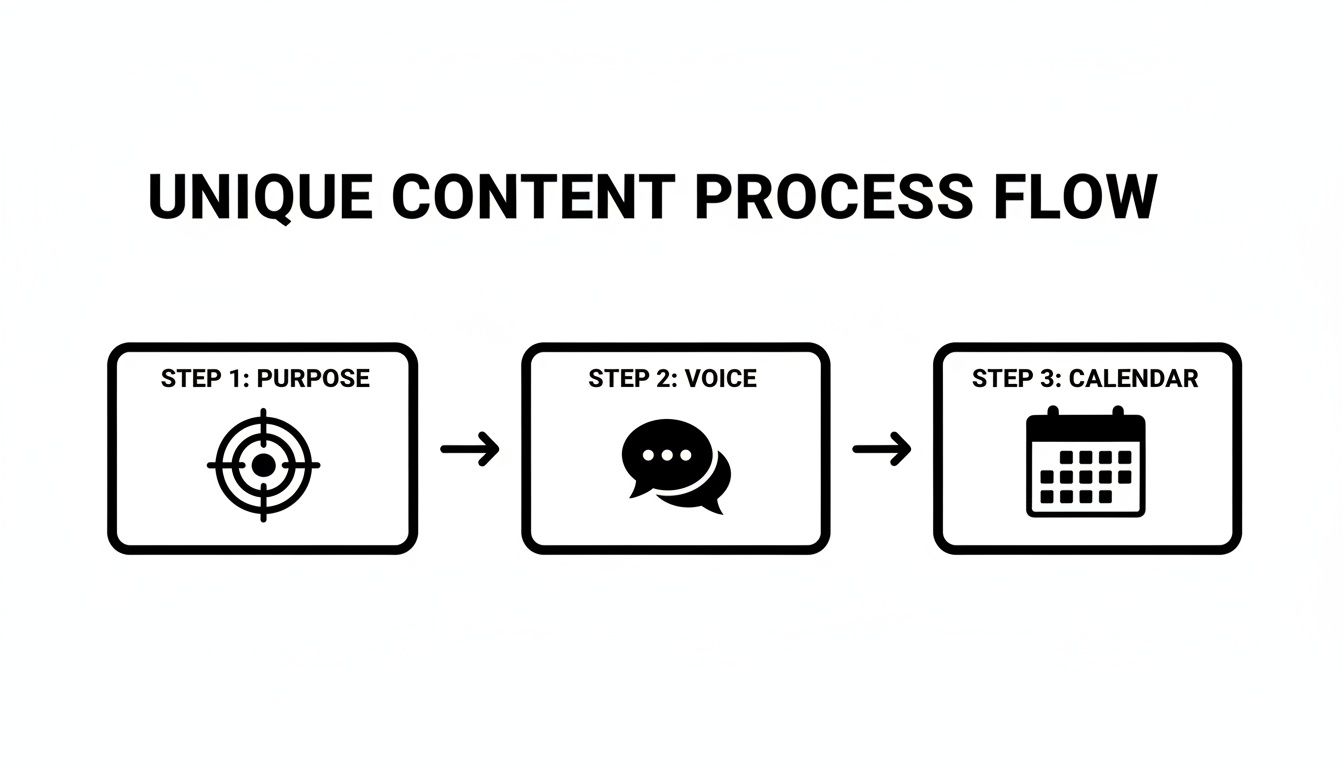 Flowchart outlining a unique content creation process with steps for purpose, voice, and calendar.