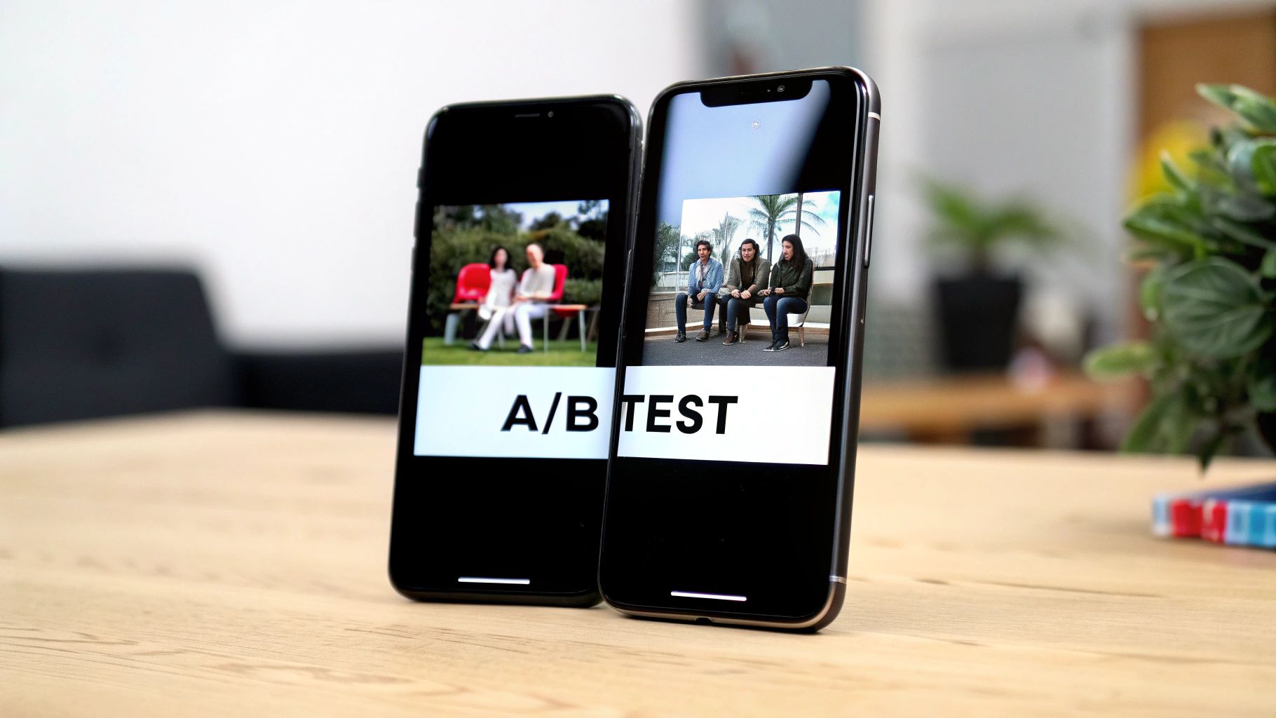 Two smartphones on a table display an A/B test with different images of people, illustrating website optimization.