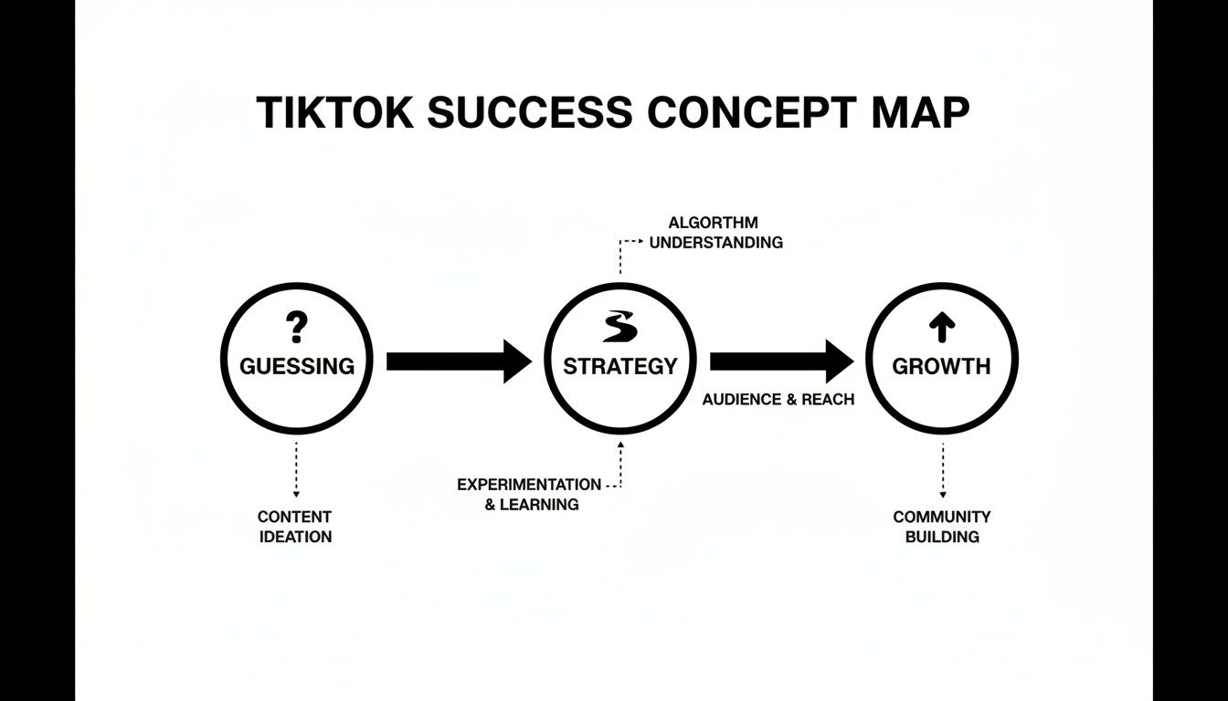 Flowchart illustrating TikTok success through content ideation, strategy, algorithm understanding, and growth.
