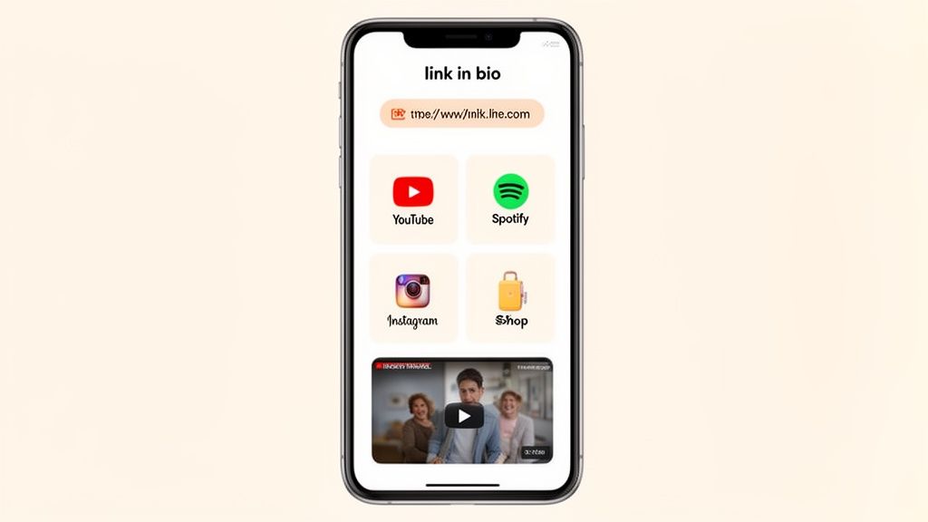 An iPhone screen displays a 'link in bio' page featuring social media icons and an embedded video.