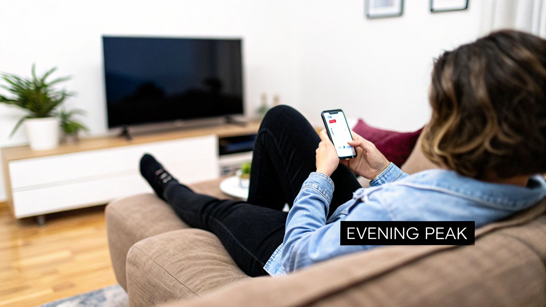A person unwinding on a sofa, looking at their phone during 'Evening Peak' with a TV in the background.