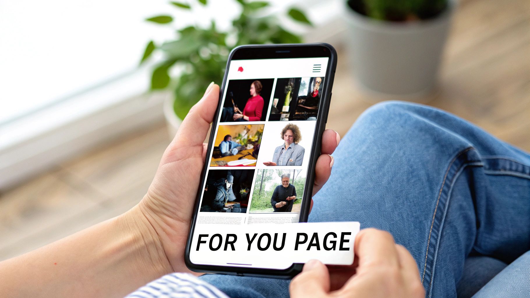 A person holds a smartphone displaying a 'FOR YOU PAGE' with diverse content recommendations.