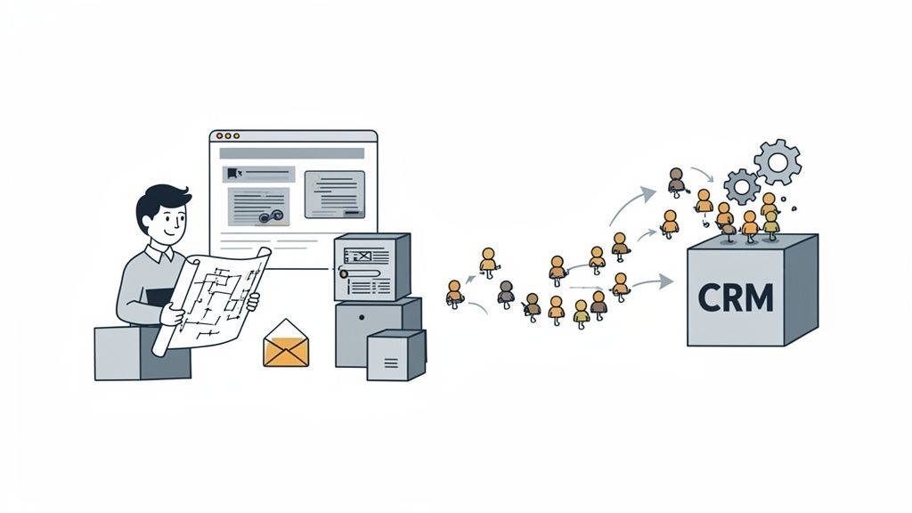 Illustration d'un homme concevant du contenu attirant des prospects vers un CRM pour une gestion efficace.