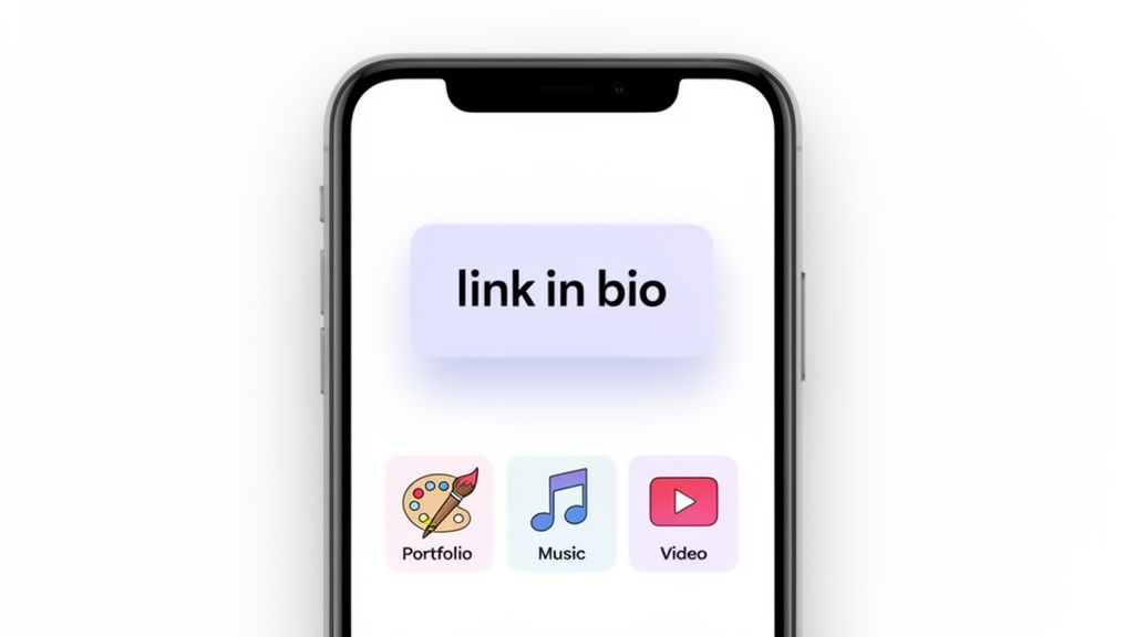 A smartphone screen displaying a 'link in bio' page with options for portfolio, music, and video.
