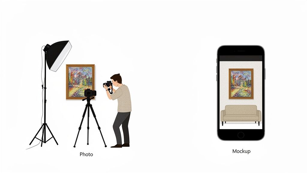Visual guide demonstrating how to photograph artwork and create a digital room mockup for online selling.