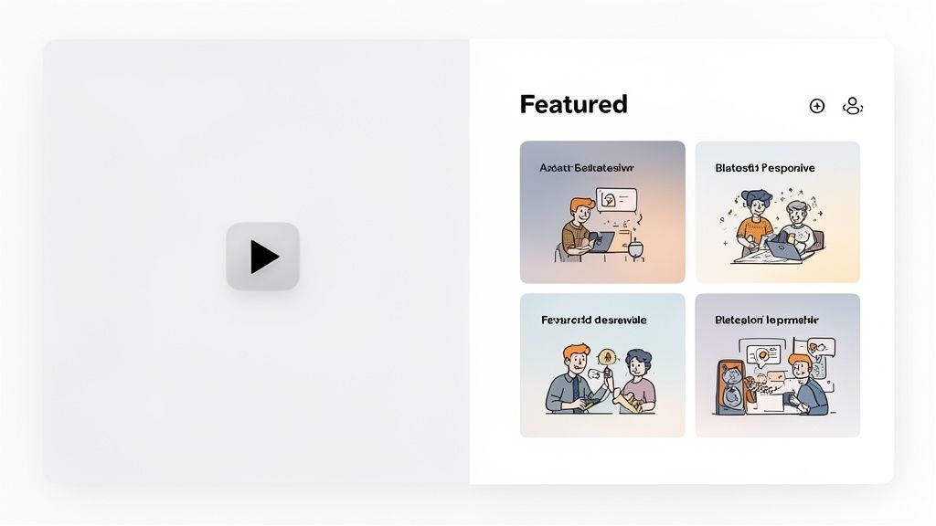 A white user interface card showing a video player and a 'Featured' section with four illustrated cards depicting people working.
