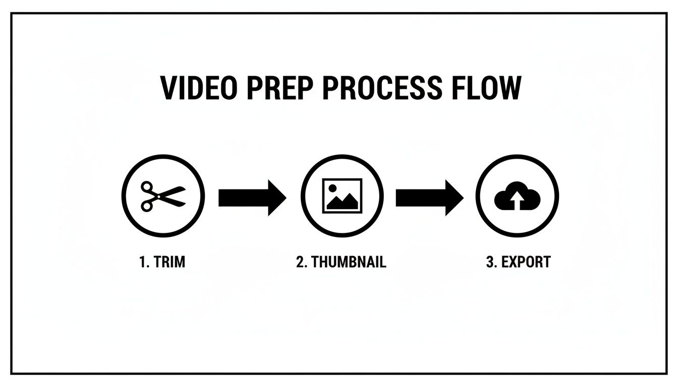 A three-step video preparation process flow diagram showing trim, thumbnail, and export.