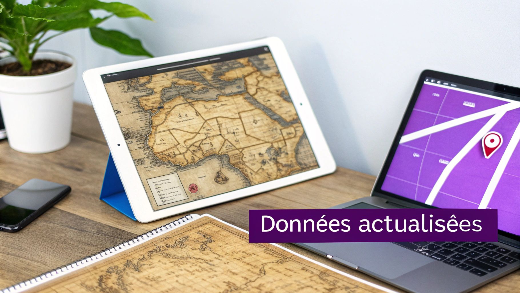 Une carte au trésor se transformant en un GPS moderne, symbolisant l'enrichissement de données