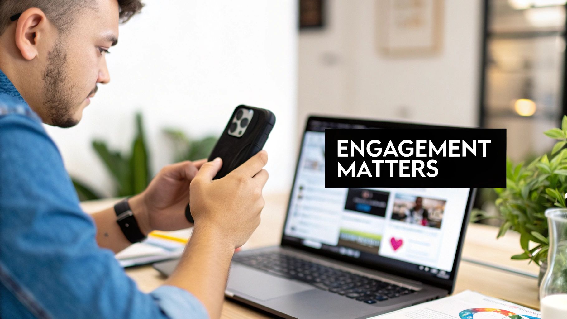 A man in a blue shirt holds a smartphone while looking at a laptop, with text 'Engagement Matters'.