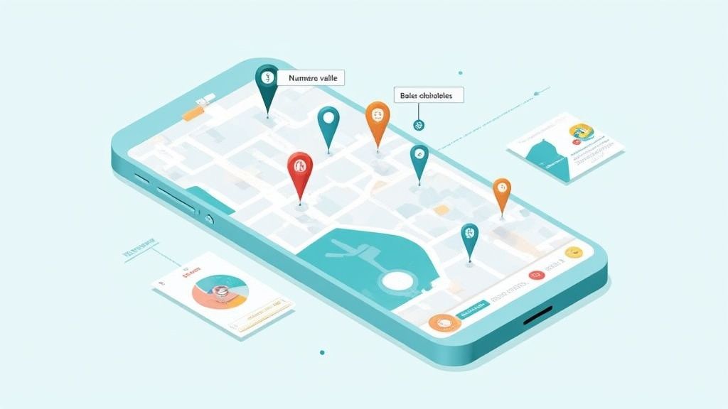 Un smartphone affiche une carte avec des épingles de localisation colorées et des données flottantes. Illustration isométrique.