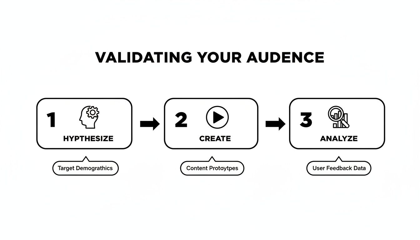 A three-step process for validating your audience: hypothesize, create, and analyze feedback.