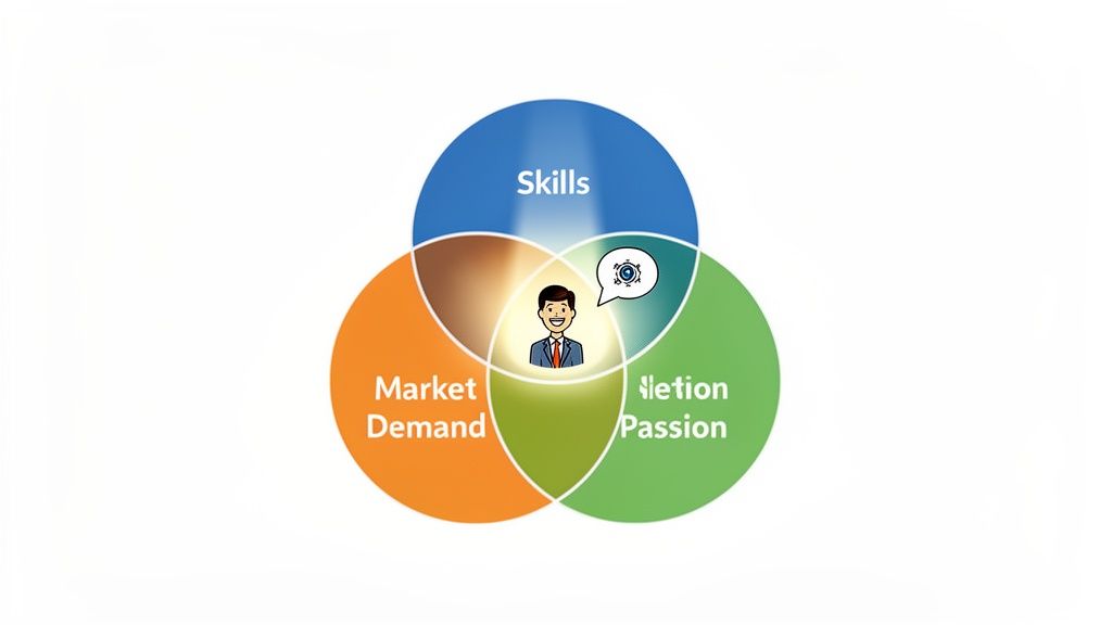 A Venn diagram illustrating the intersection of Skills, Market Demand, and Passion for success.