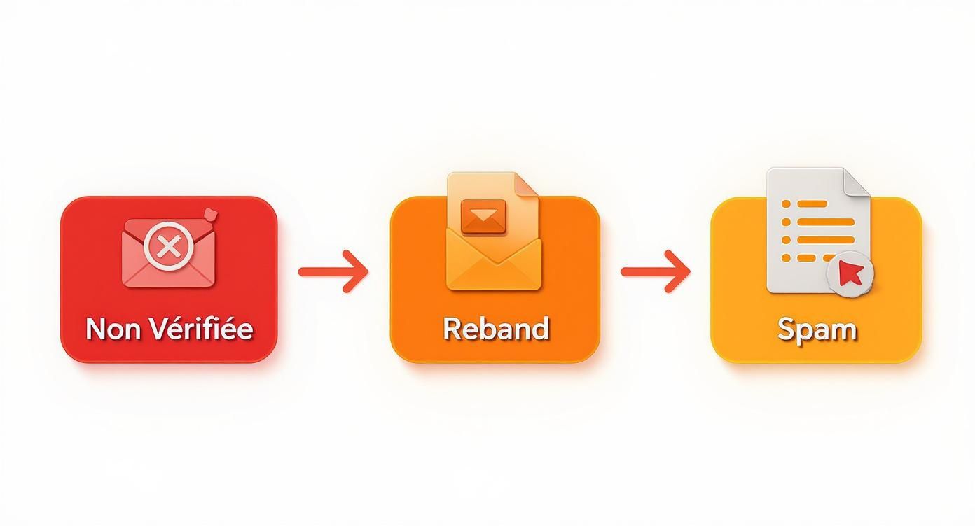 Infographie montrant le parcours d'un email non vérifié vers un rebond ou un dossier spam