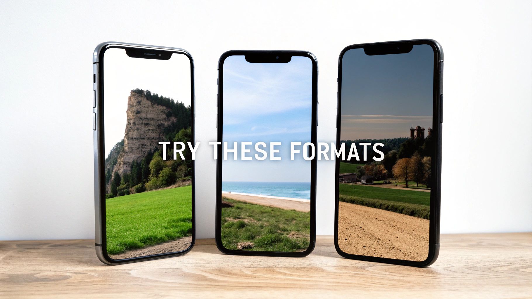 Three smartphones on a wooden surface displaying different landscape images with overlay text 'TRY THESE FORMATS'.