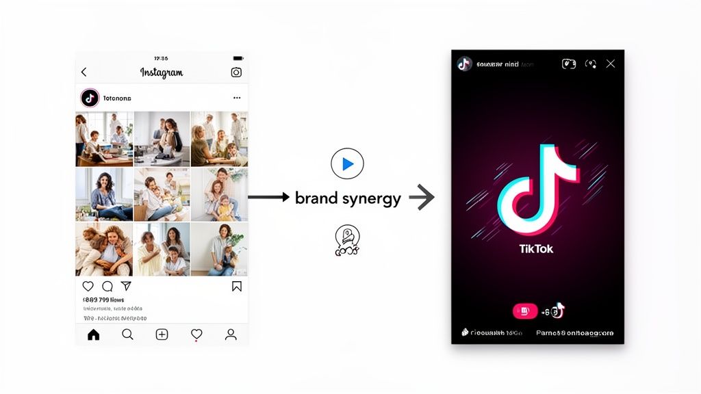 Instagram feed linked to TikTok with 'brand synergy' text, illustrating social media platform connection.