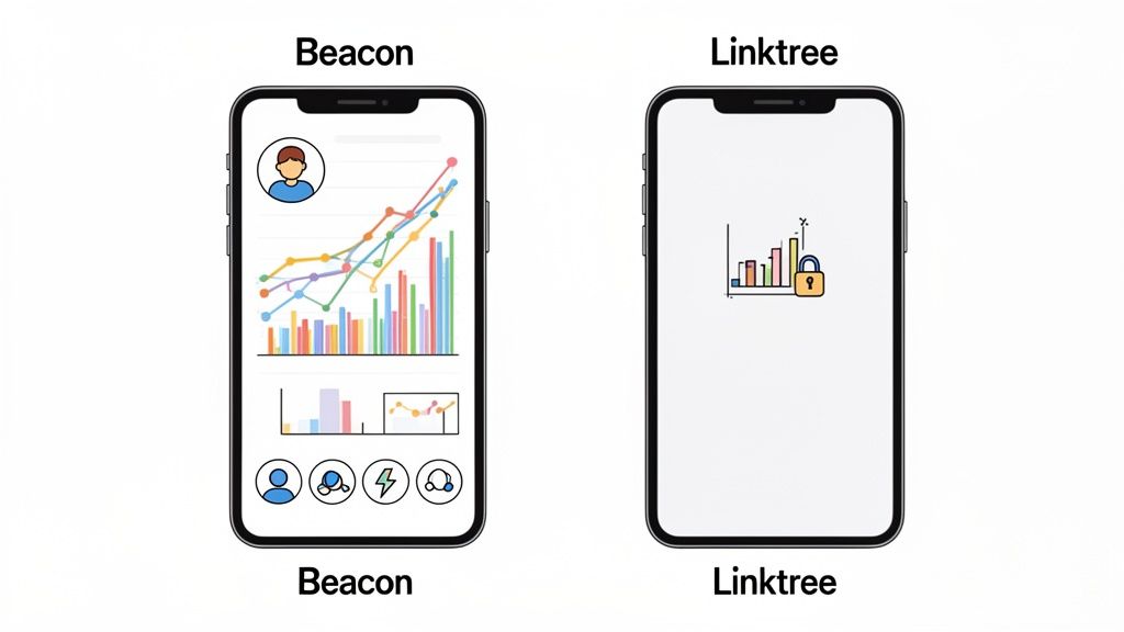 Two smartphone screens comparing Beacon and Linktree apps, showing analytics dashboards versus a locked data icon.