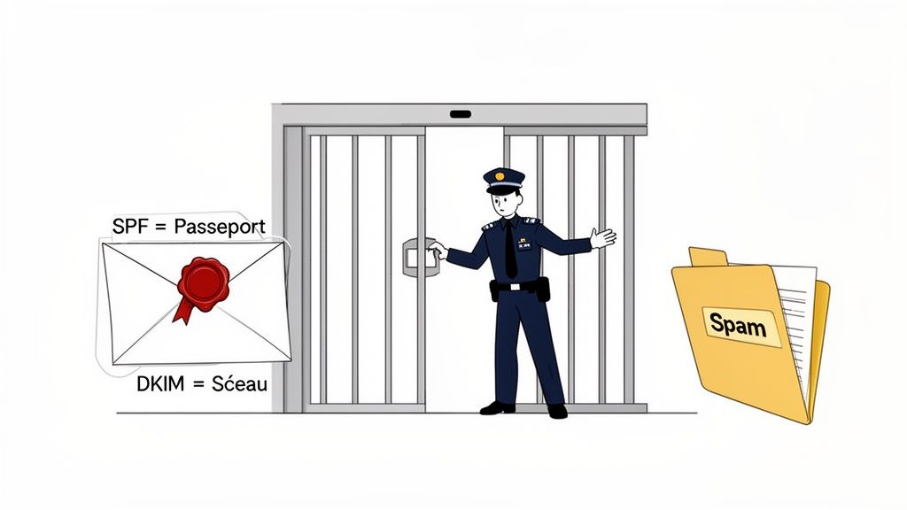 Un agent de sécurité à une porte contrôle les e-mails, symbolisés par SPF (passeport) et DKIM (sceau), pour bloquer le spam.
