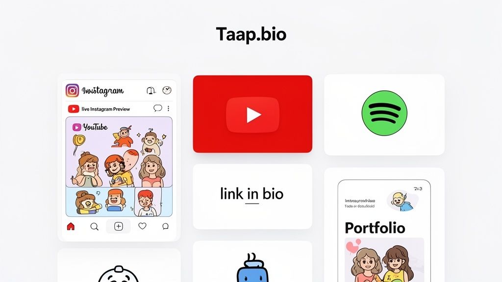 A Taap.bio digital dashboard featuring Instagram, YouTube, Spotify, and portfolio link previews.