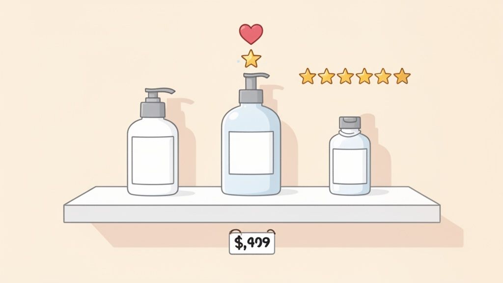 Three white and blue skincare bottles with pumps and a small bottle on a shelf, showing a price and star ratings.