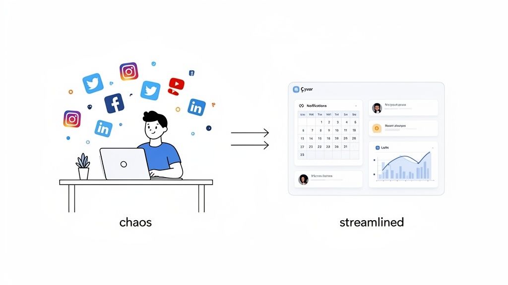 Visual showing the transition from chaotic social media use to streamlined management via a digital dashboard.