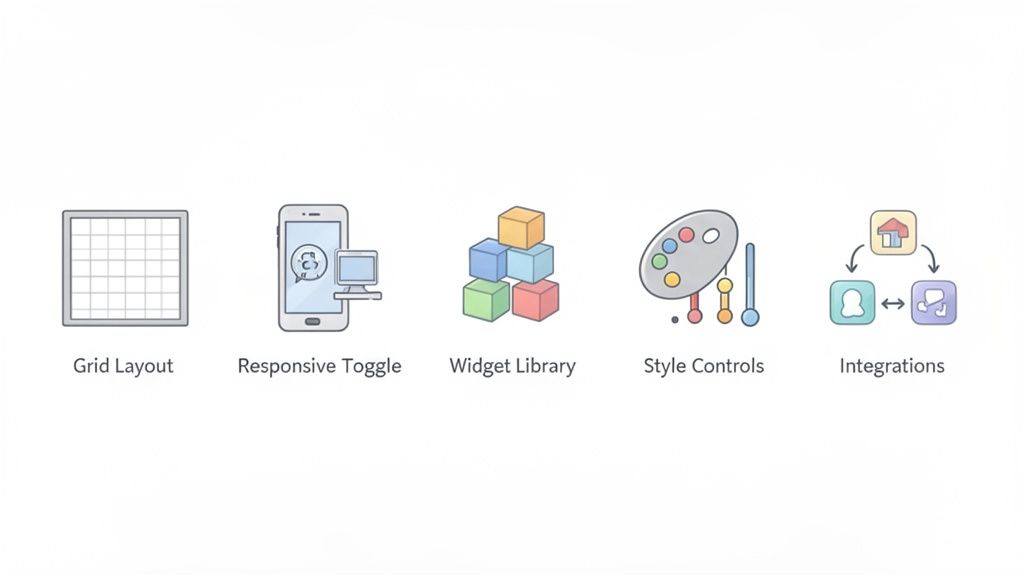 Icons for a drag and drop page builder: grid layout, responsive design, widget library, style controls, and integrations.