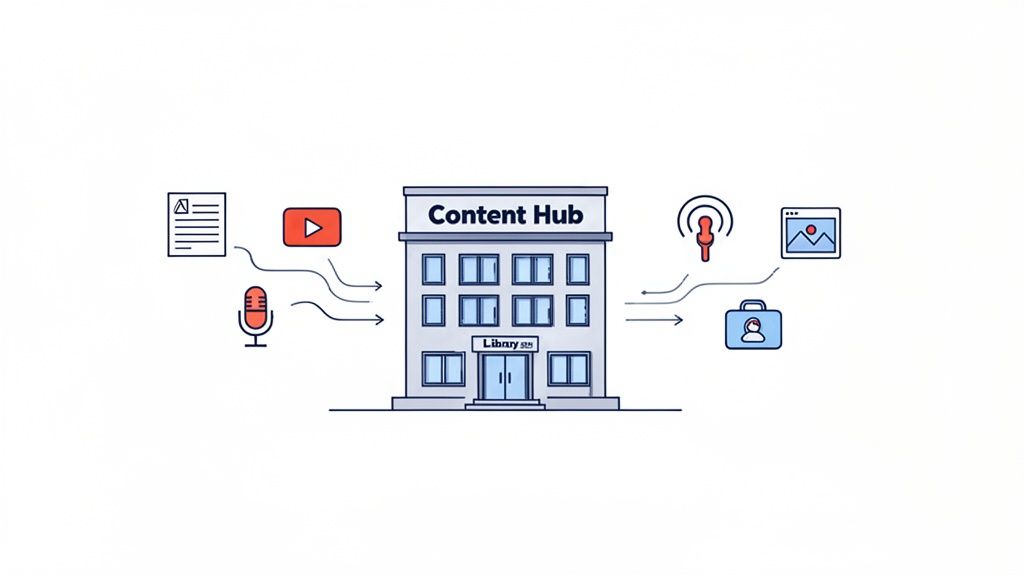 Illustration of a Content Hub building, receiving and distributing various content formats like text, video, and audio.
