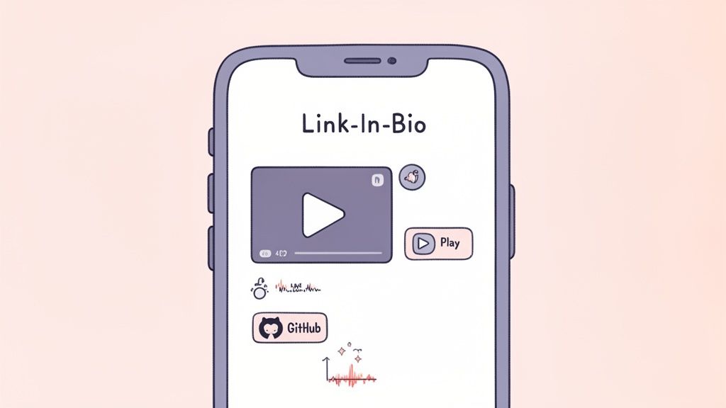 Cartoon smartphone showing a 'Link-In-Bio' page with a video player and GitHub button.