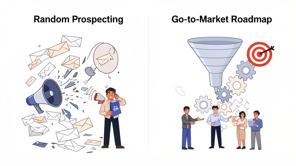 Image comparant une prospection commerciale désordonnée à une stratégie de mise sur le marché organisée avec succès.