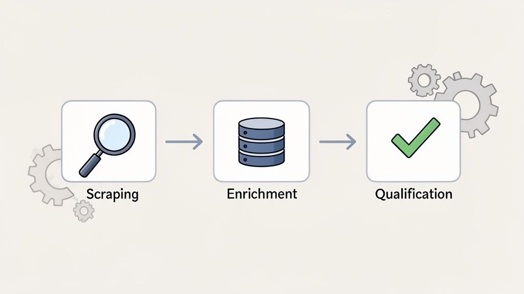 Processus de collecte de données avec étapes de scraping, enrichissement et qualification, symbolisé par des icônes.